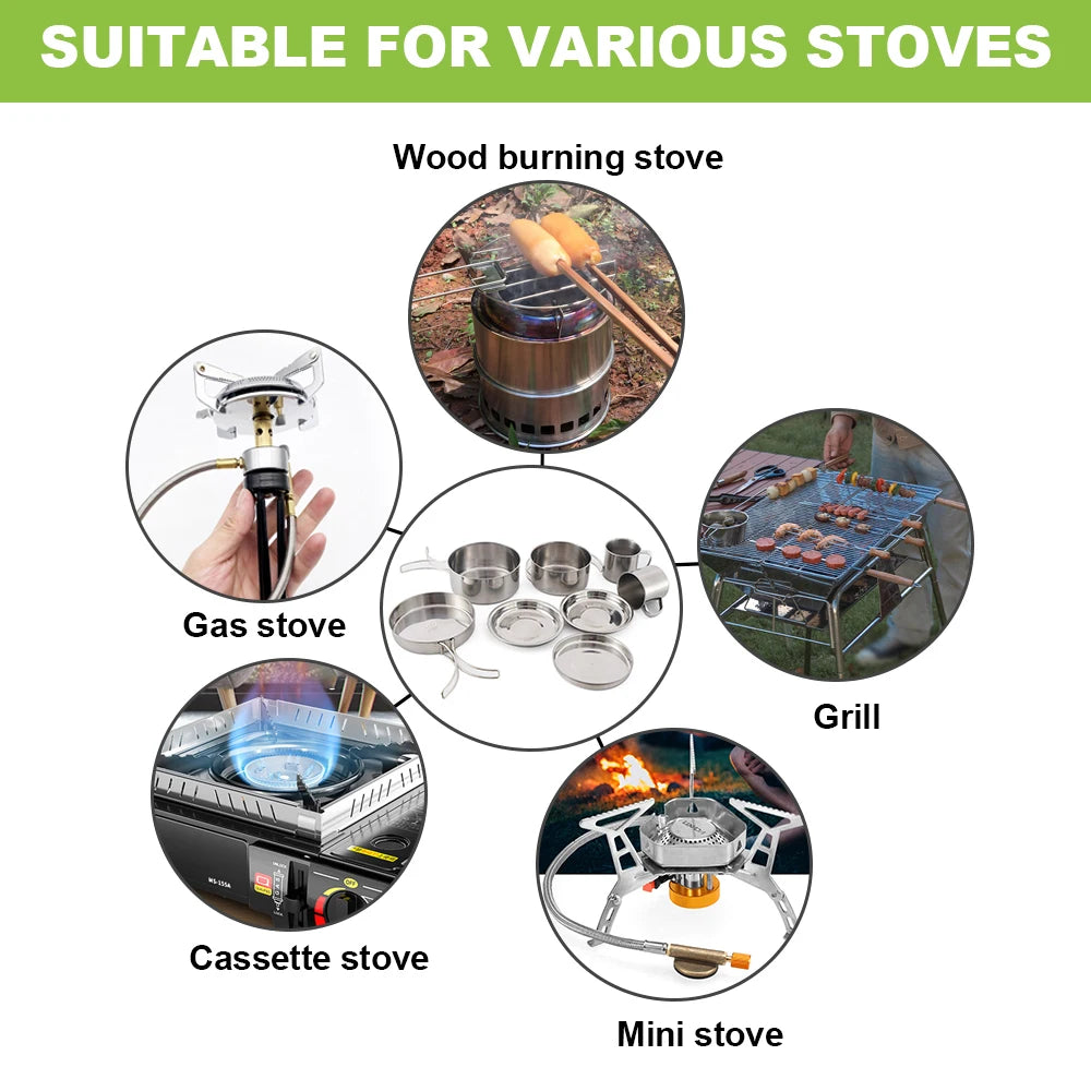 Camping Cookware Mess Kit 8PCS Stainless Steel Cooking Pot and Pan Set with Plates Cups for Outdoor Camping Hiking Backpacking