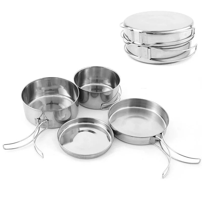 4Pcs/set Stainless Steel Camping Cookware Set - Pot, Bowl & Utensils for Hiking, Picnic, Outdoor Cooking Portable Nesting Design