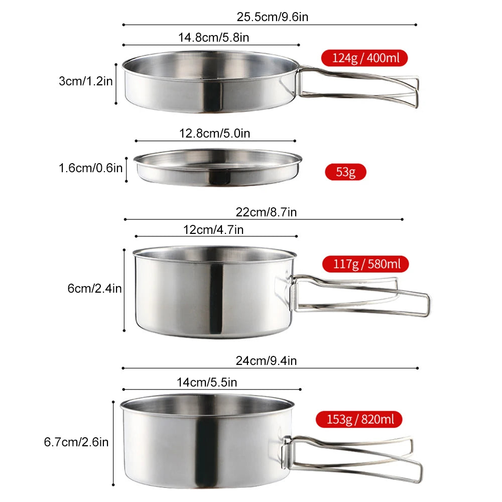4Pcs/set Stainless Steel Camping Cookware Set - Pot, Bowl & Utensils for Hiking, Picnic, Outdoor Cooking Portable Nesting Design