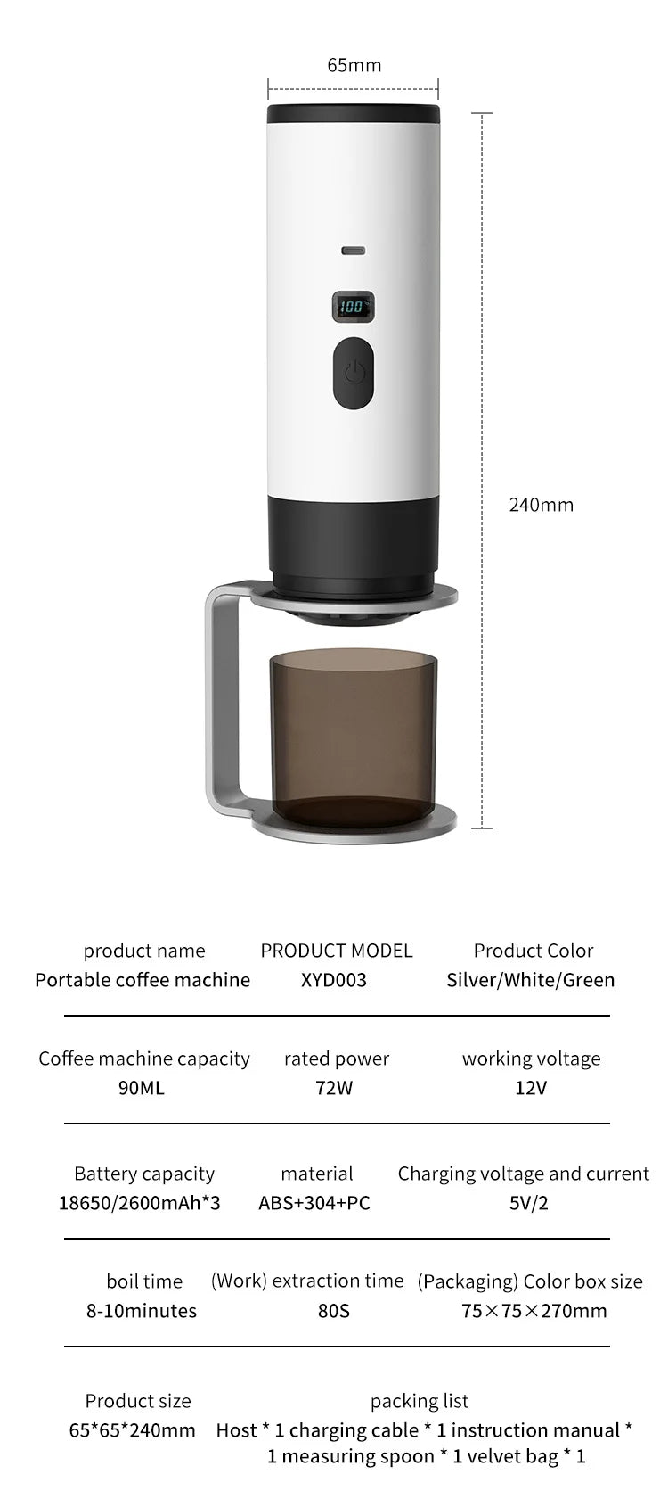 Portable electric coffee machine, capsule coffee maker with wireless heating function, suitable for cars and home camping