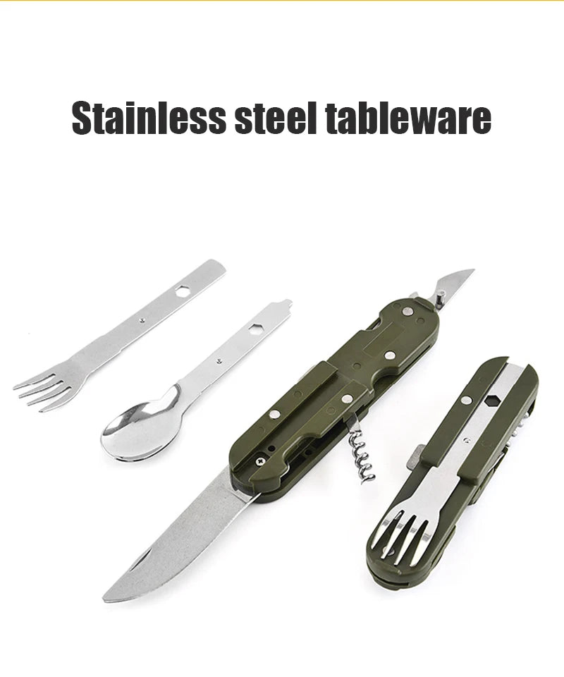 Camping Folding Picnic Cutlery Knife Portable Stainless Steel Army Green Fork Spoon Bottle Opener Flatware Tableware Travel Kit