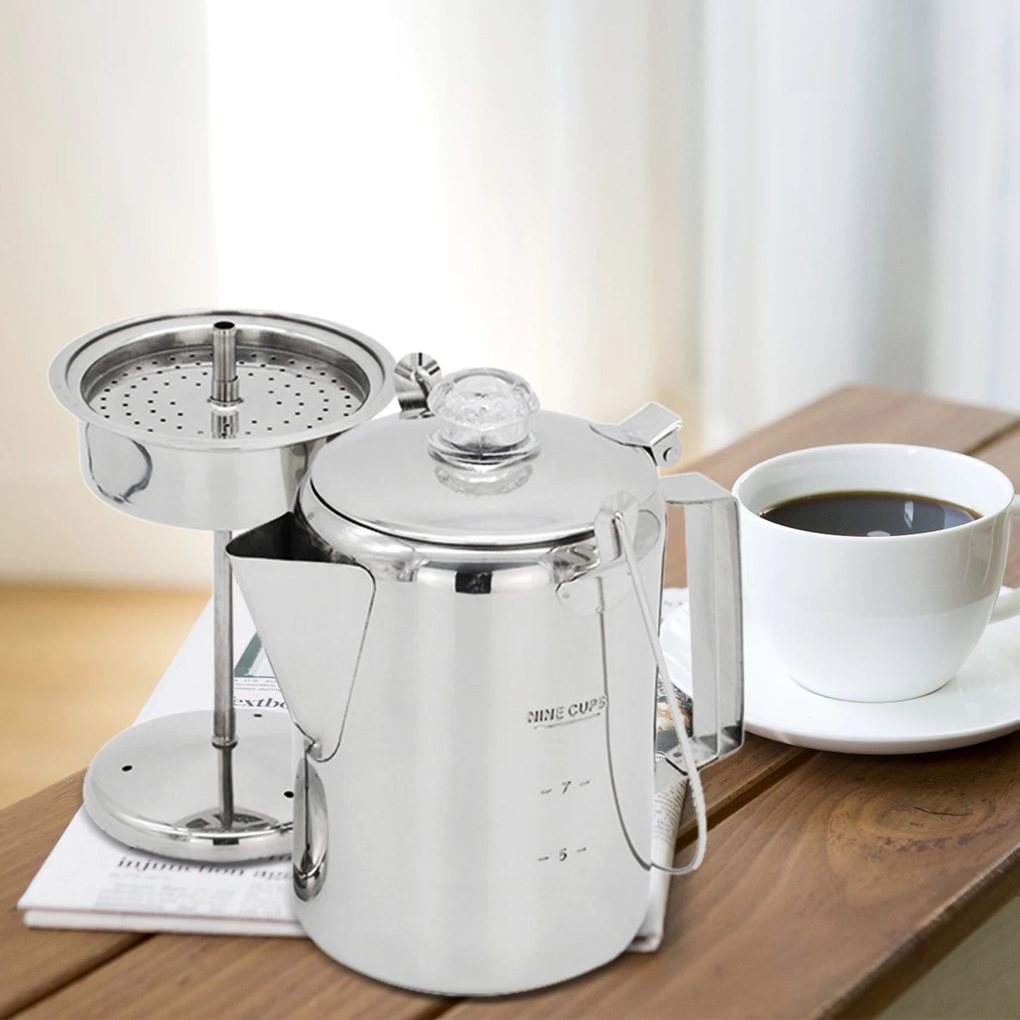 1.2L Outdoor 9 Cup Stainless Steel Percolator Coffee Pot Coffee Maker for Camping Home Kitchen