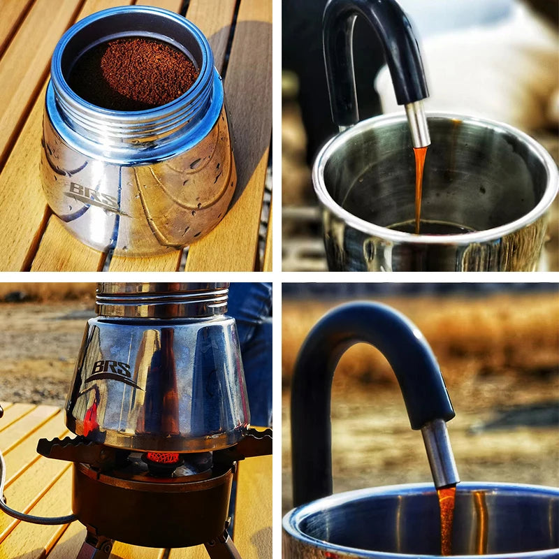 BRS Camping Stovetop Coffee Distiller Outdoor Brewed Coffee Grinder Maker Stainless Steel Moka Pot for Picnic Office Home