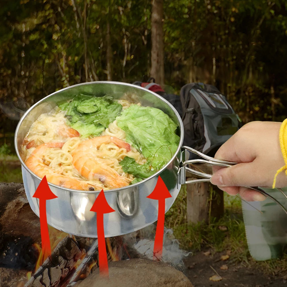 4Pcs/set Stainless Steel Camping Cookware Set - Pot, Bowl & Utensils for Hiking, Picnic, Outdoor Cooking Portable Nesting Design