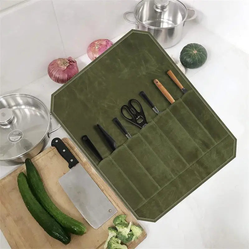Chef Knife Bag Kitchen Roll Bag Heavy Duty Canvas Waxed Canvas Portable Durable Waterproof Knife Storage Camping BBQ