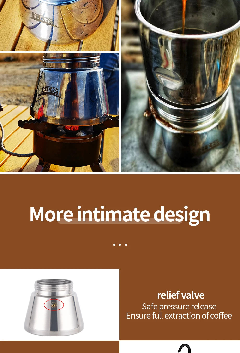 BRS Camping Stovetop Coffee Distiller Outdoor Brewed Coffee Grinder Maker Stainless Steel Moka Pot for Picnic Office Home