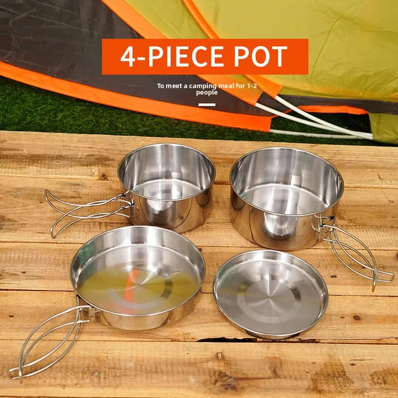 4Pcs/set Stainless Steel Camping Cookware Set - Pot, Bowl & Utensils for Hiking, Picnic, Outdoor Cooking Portable Nesting Design