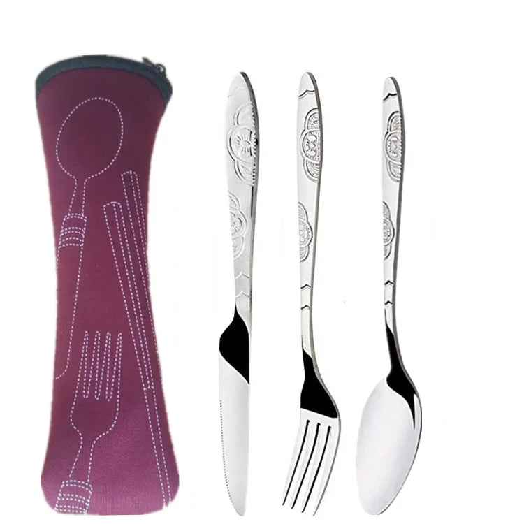Portable 3 Piece Steel Cutlery Set for Camping and Traveling