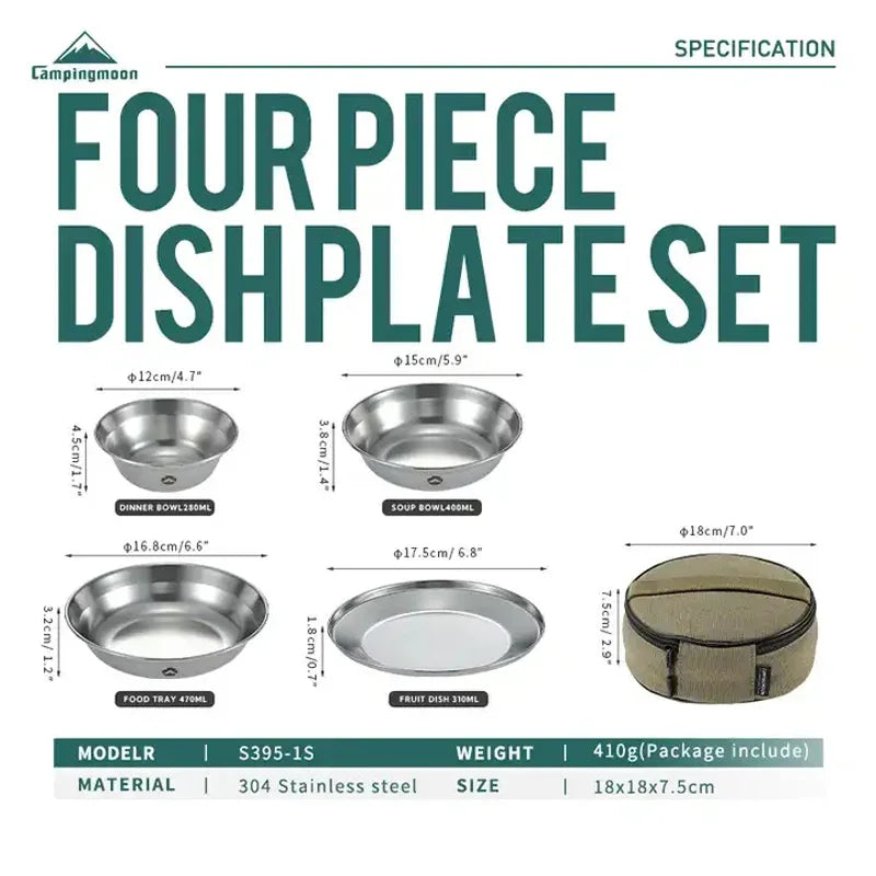 CAMPINGMOON Stainless Steel 304 Bowl Plate Dish Camping Cookware Set Japan Korea Style BBQ Outdoor Dish 8 Piece With Plate Set