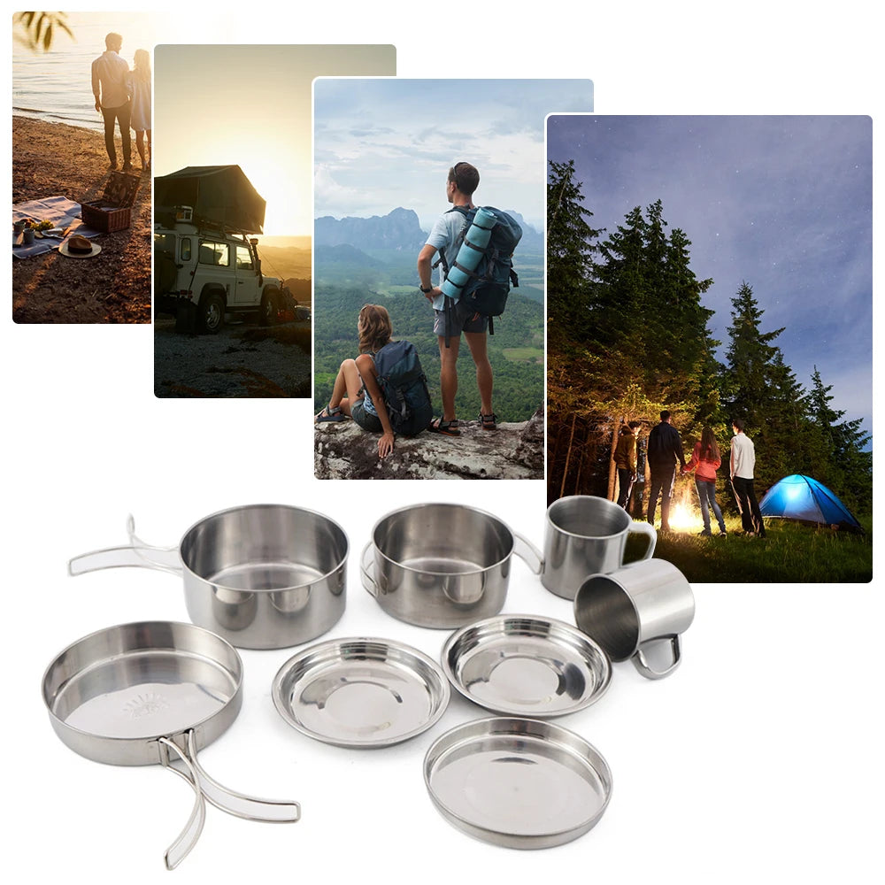 Camping Cookware Mess Kit 8PCS Stainless Steel Cooking Pot and Pan Set with Plates Cups for Outdoor Camping Hiking Backpacking