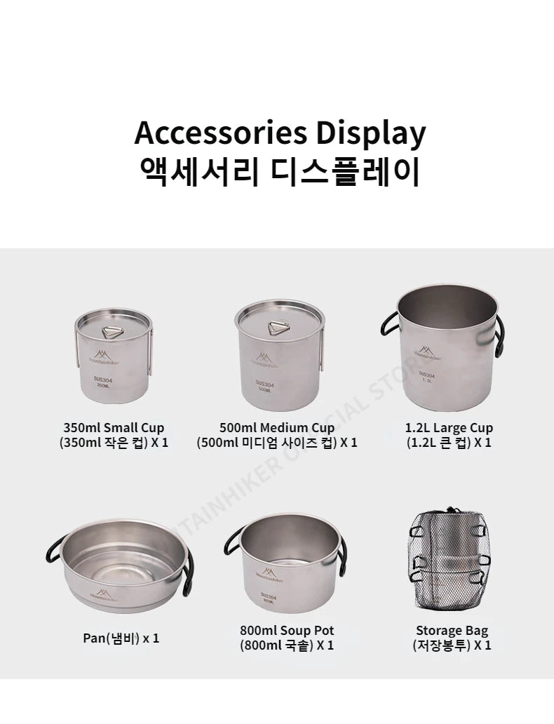 MOUNTAINHIKER 5PCS Camping Cookware 304 Stainless Steel Portable Outdoor Tableware Cookset Cooking Kit Pan Pot Hiking BBQ Picnic